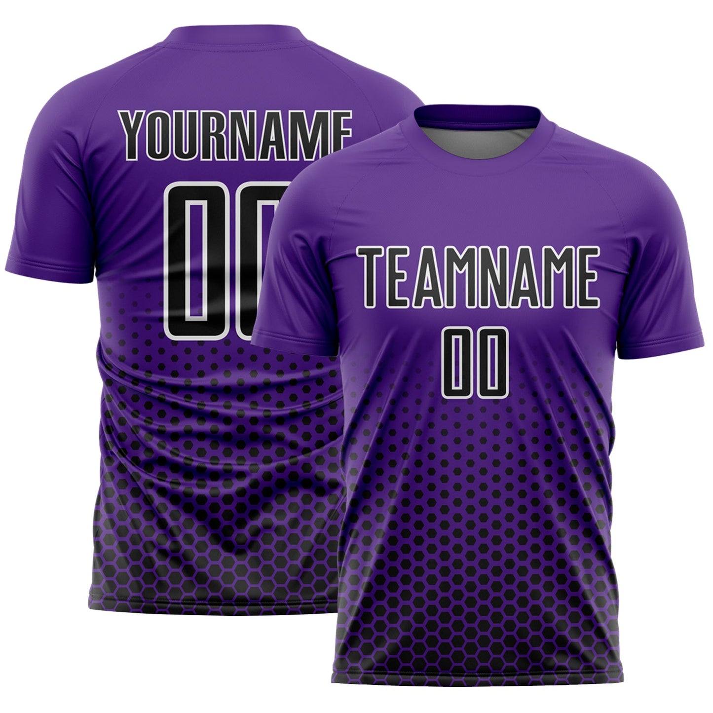 Custom Purple Black-White Geometric Hexagonal Dot Gradient Sublimation Soccer Uniform Jersey - Main View