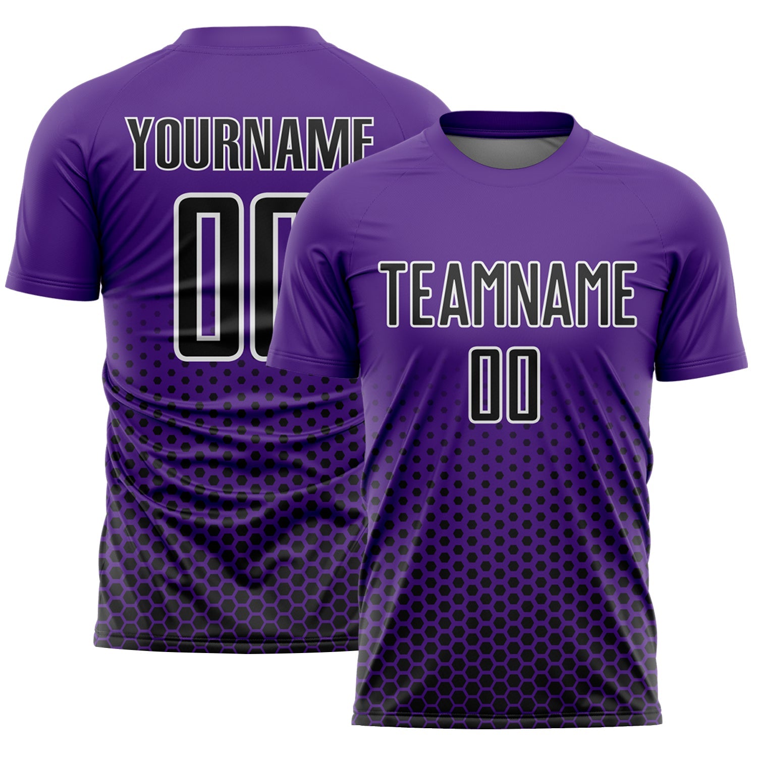Custom Purple Black-White Geometric Hexagonal Dot Gradient Sublimation Soccer Uniform Jersey - Main View