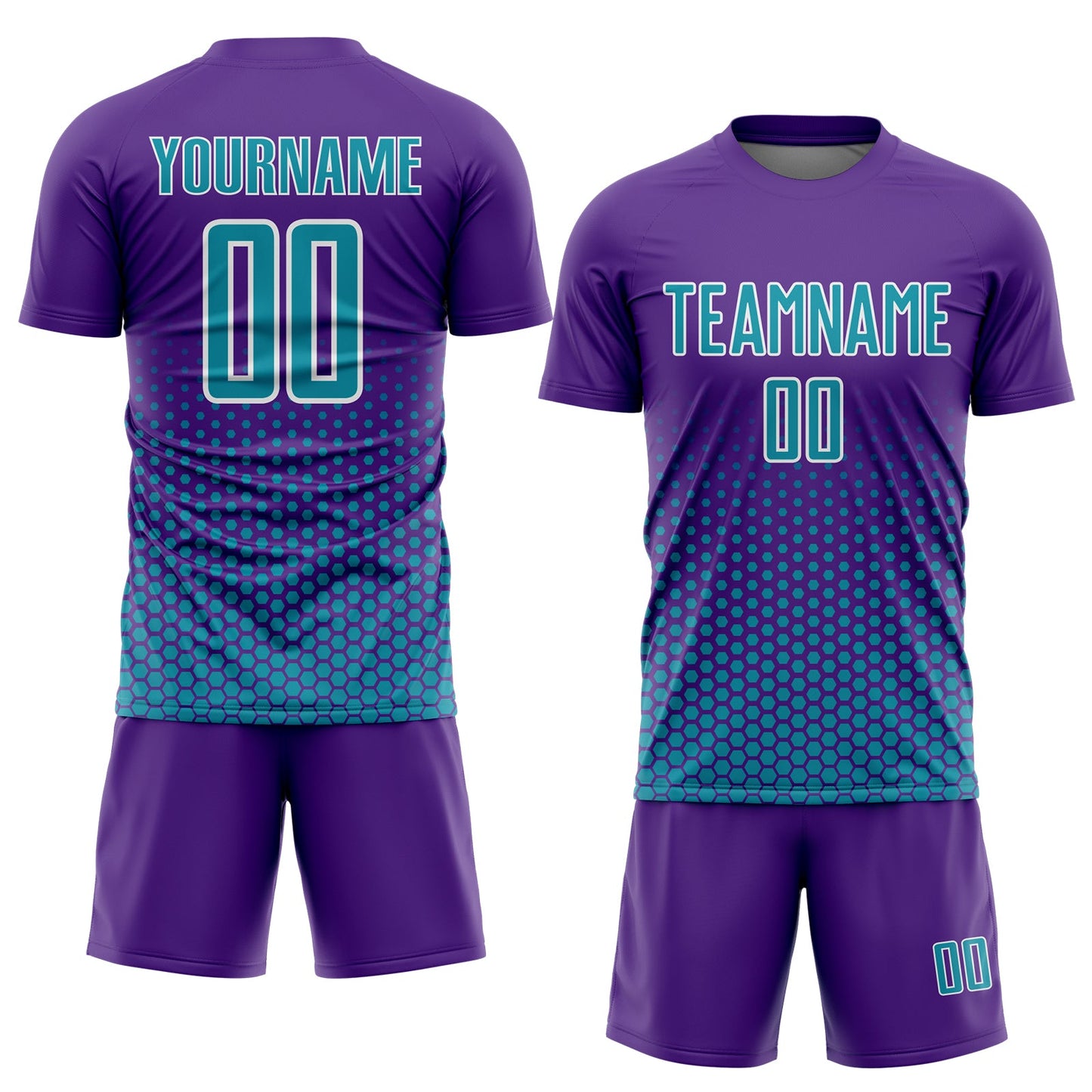 Custom Purple Teal-White Geometric Hexagonal Dot Gradient Sublimation Soccer Uniform Jersey view 2