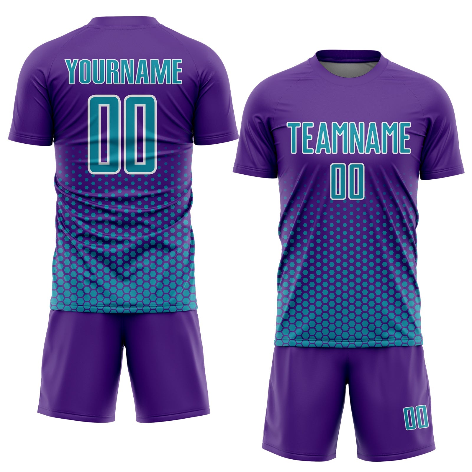 Custom Purple Teal-White Geometric Hexagonal Dot Gradient Sublimation Soccer Uniform Jersey view 2