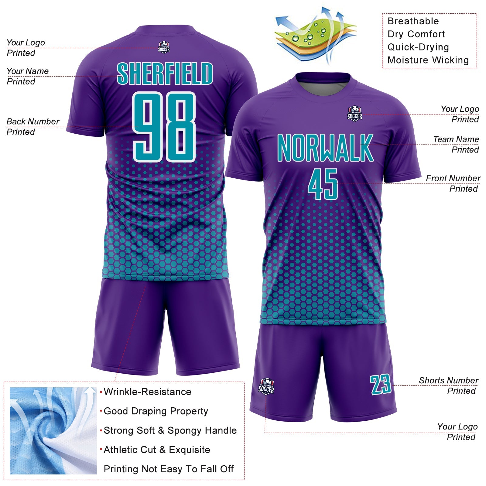 Custom Purple Teal-White Geometric Hexagonal Dot Gradient Sublimation Soccer Uniform Jersey view 4