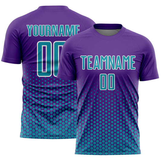 Custom Purple Teal-White Geometric Hexagonal Dot Gradient Sublimation Soccer Uniform Jersey - Main View