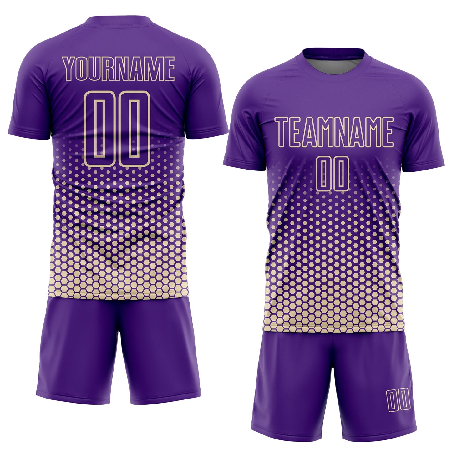 Custom Purple-Cream Geometric Hexagonal Dot Gradient Sublimation Soccer Uniform Jersey view 2