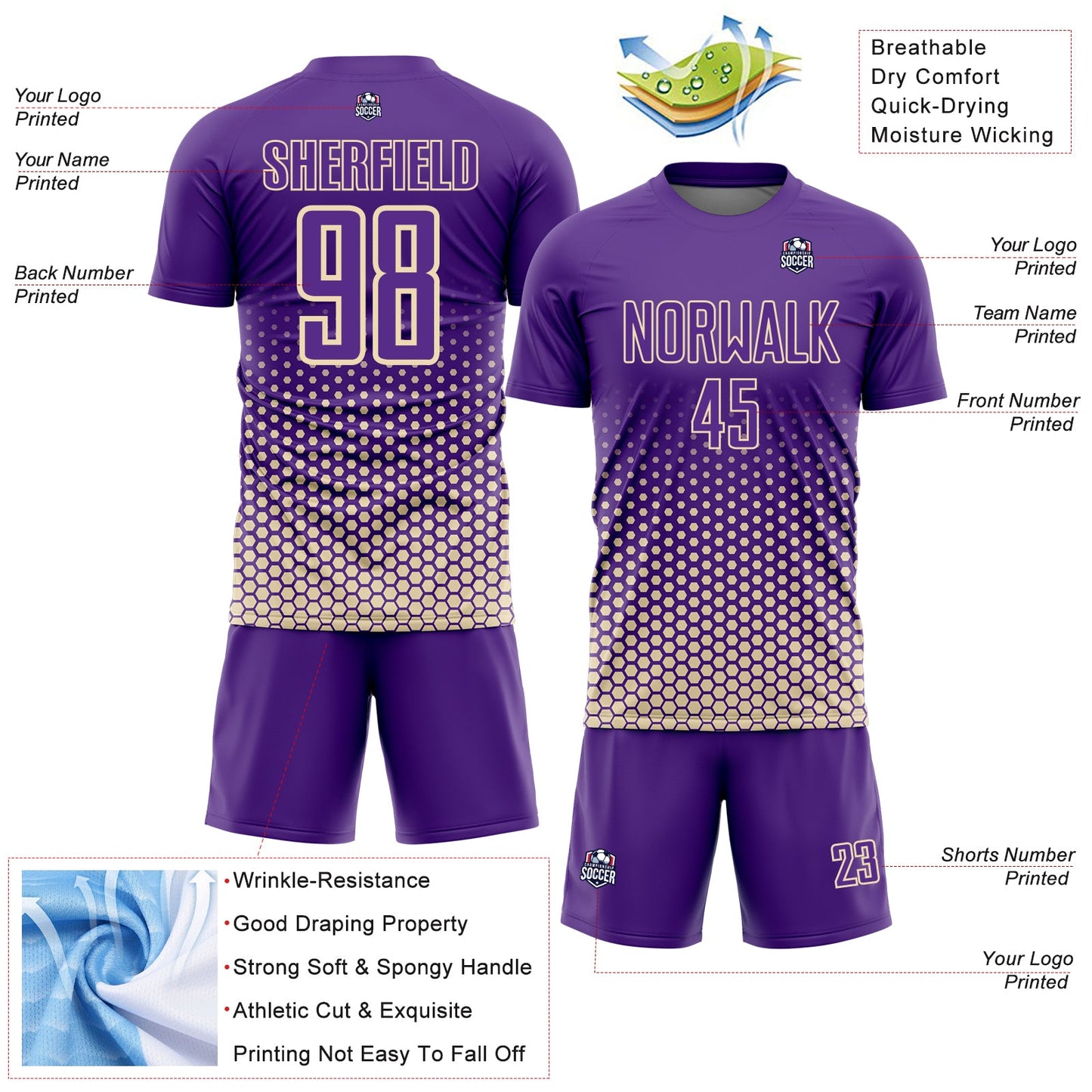 Custom Purple-Cream Geometric Hexagonal Dot Gradient Sublimation Soccer Uniform Jersey view 4
