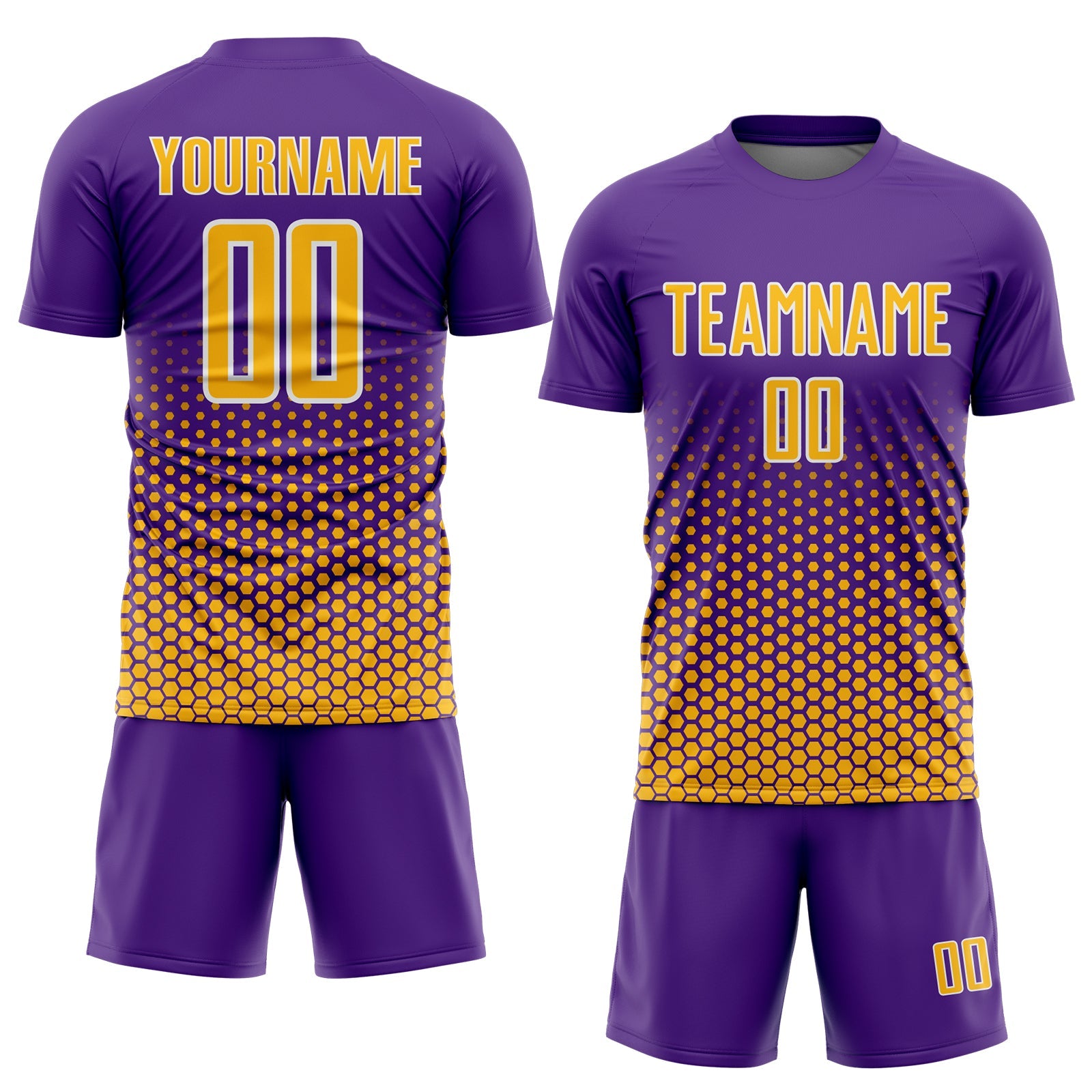 Custom Purple Gold-White Geometric Hexagonal Dot Gradient Sublimation Soccer Uniform Jersey view 2