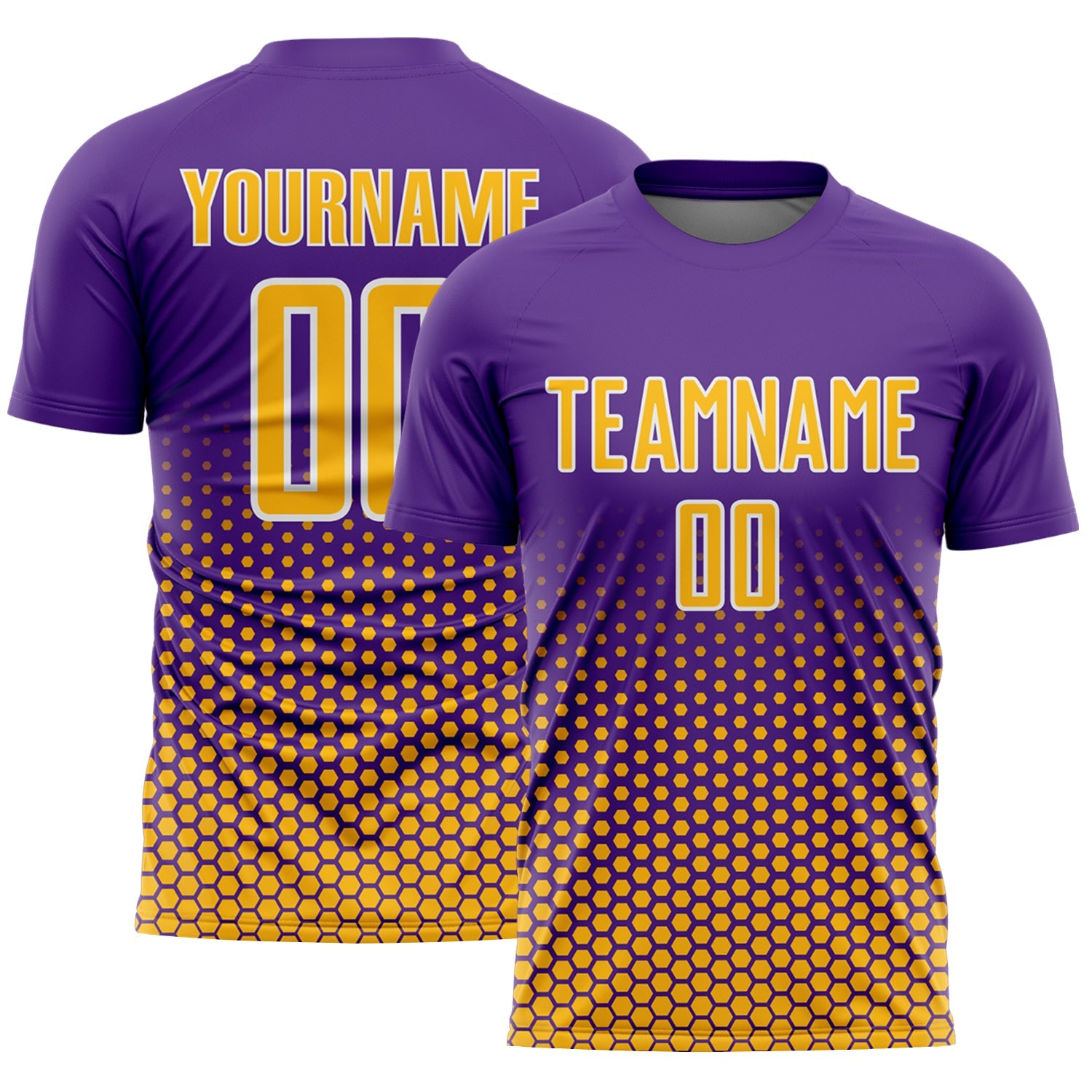 Custom Purple Gold-White Geometric Hexagonal Dot Gradient Sublimation Soccer Uniform Jersey - Main View