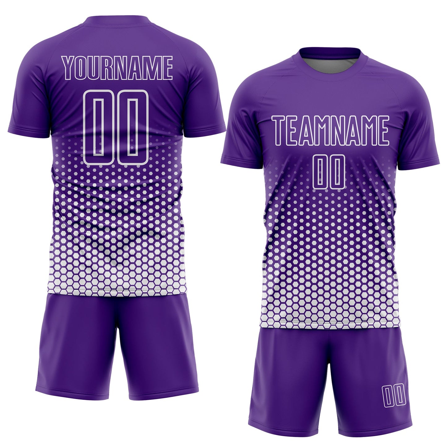 Custom Purple-White Geometric Hexagonal Dot Gradient Sublimation Soccer Uniform Jersey view 2