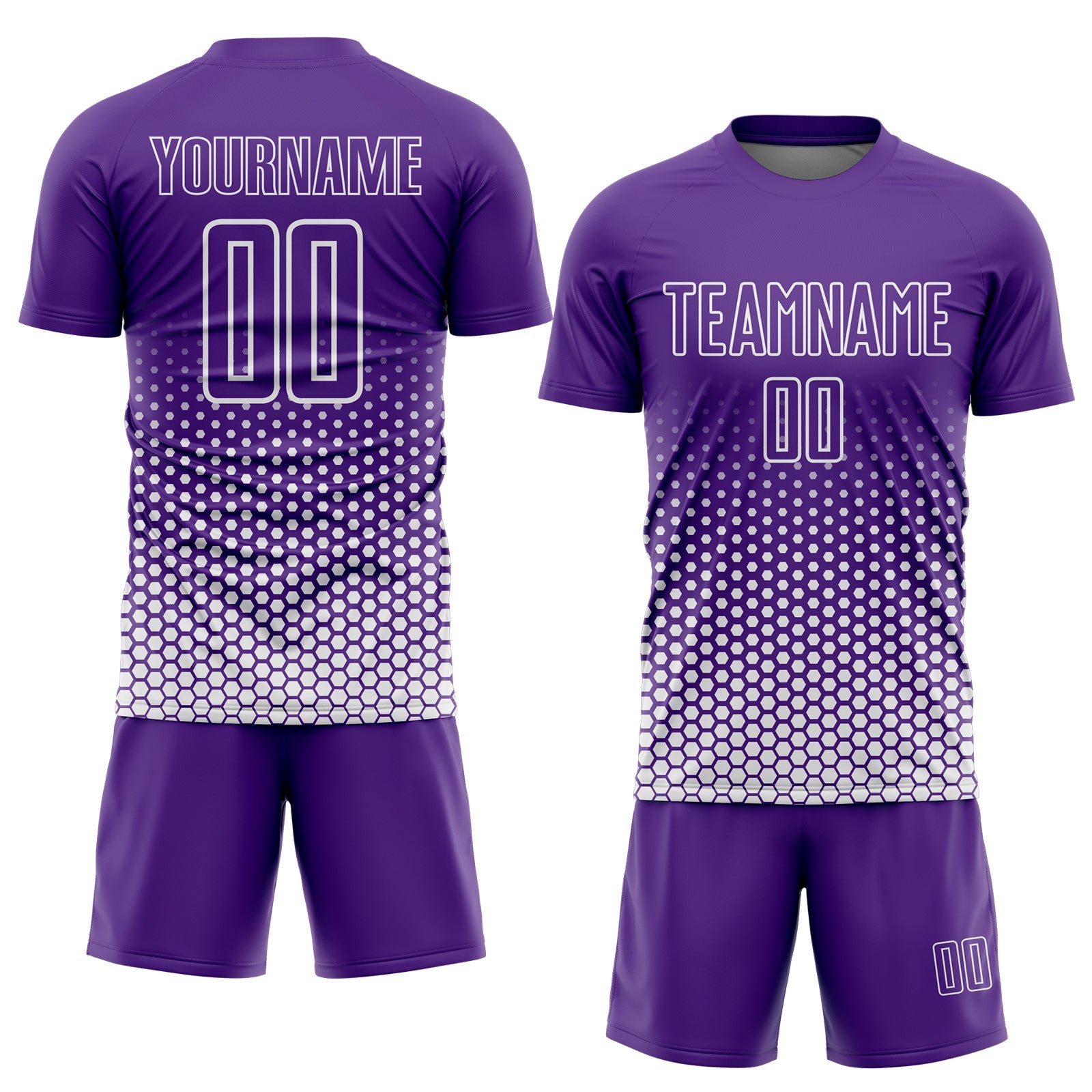 Custom Purple-White Geometric Hexagonal Dot Gradient Sublimation Soccer Uniform Jersey view 2