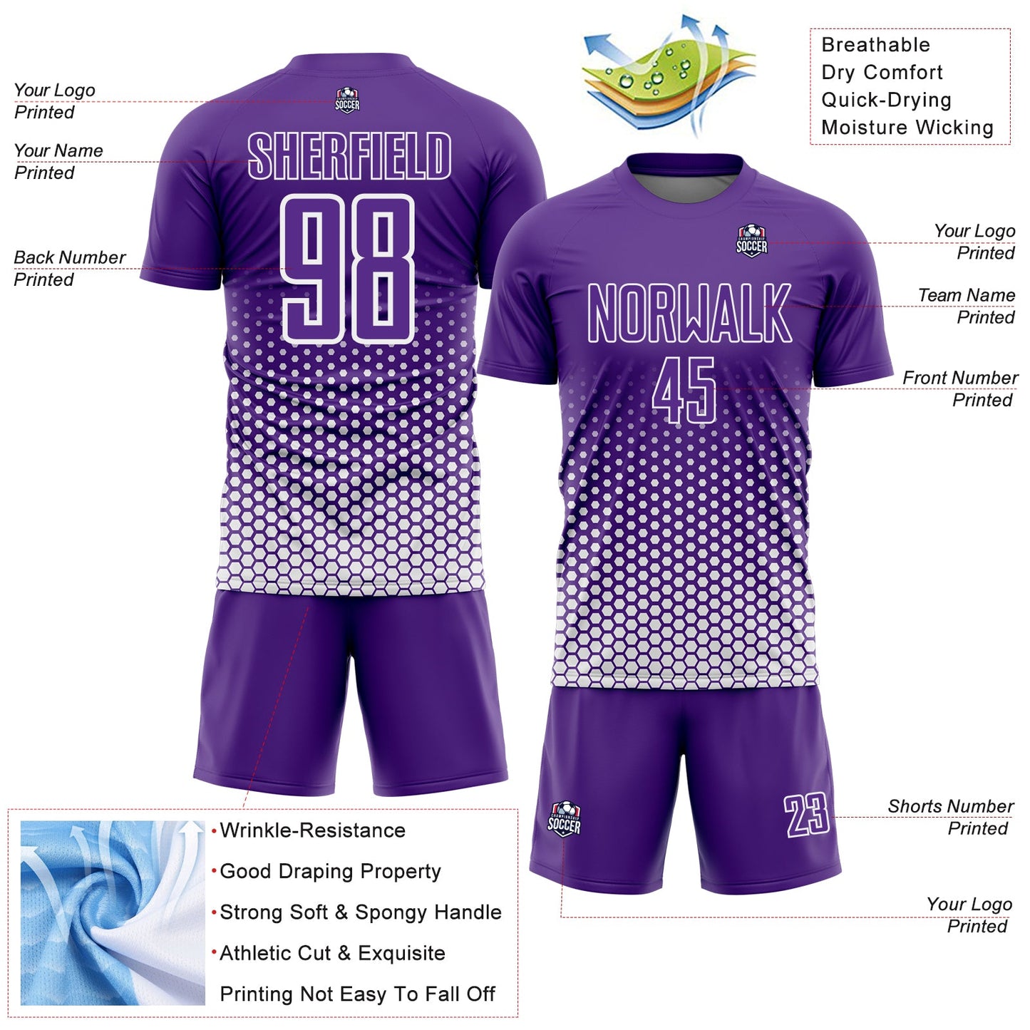 Custom Purple-White Geometric Hexagonal Dot Gradient Sublimation Soccer Uniform Jersey view 4
