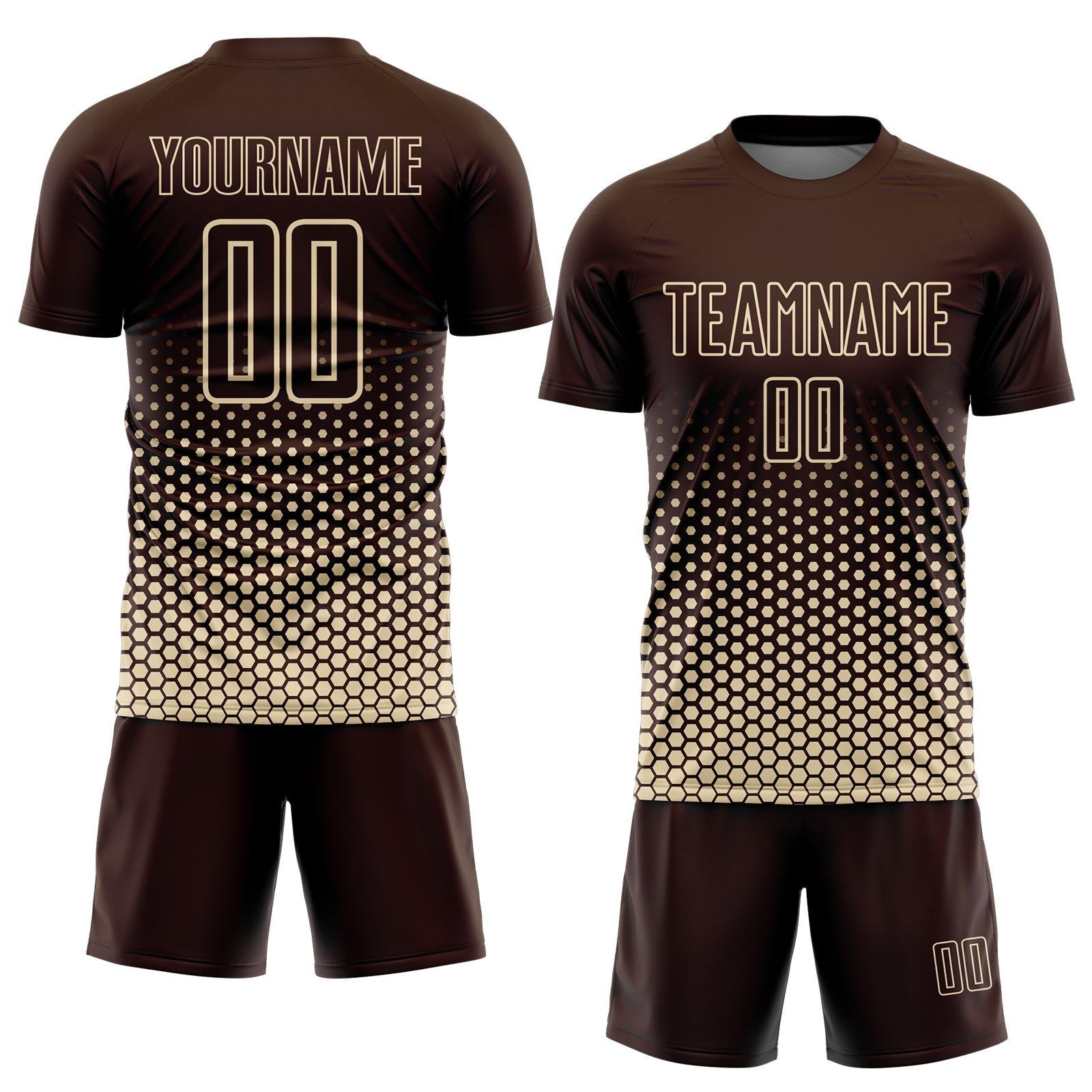 Custom Brown-Cream Geometric Hexagonal Dot Gradient Sublimation Soccer Uniform Jersey view 2