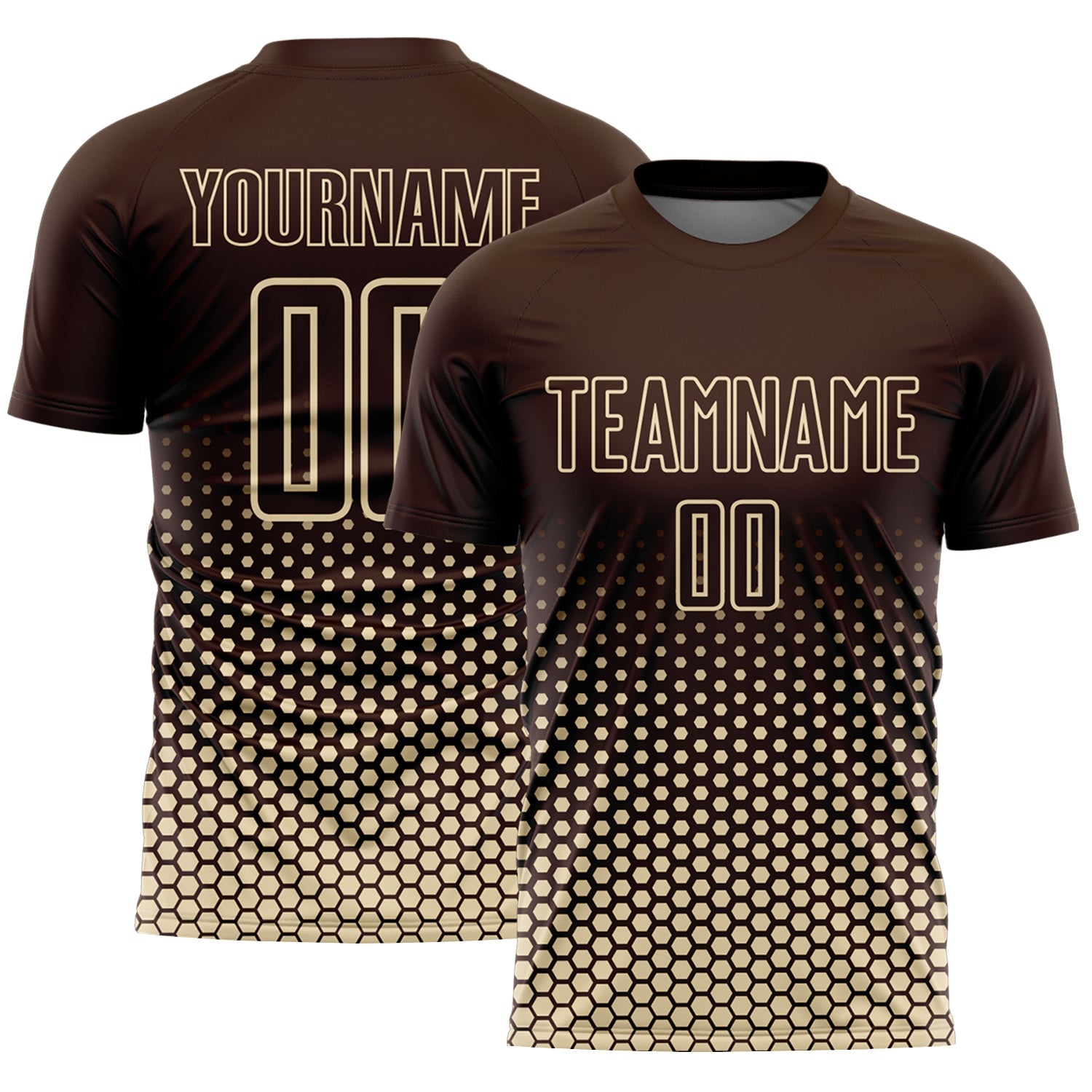 Custom Brown-Cream Geometric Hexagonal Dot Gradient Sublimation Soccer Uniform Jersey - Main View