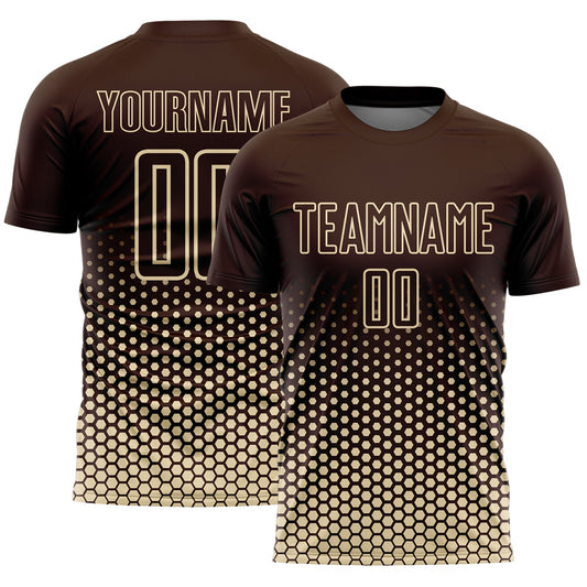 Custom Brown-Cream Geometric Hexagonal Dot Gradient Sublimation Soccer Uniform Jersey - Main View