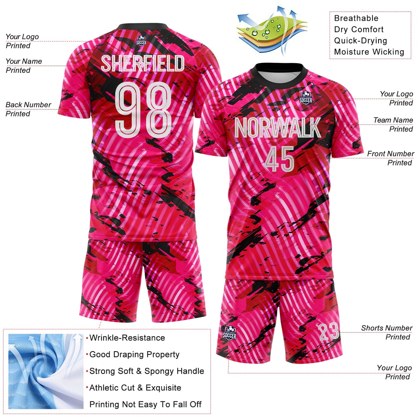 Custom Pink White-Black Abstract Swirl Wave Grunge Splatter Sublimation Soccer Uniform Jersey view 4