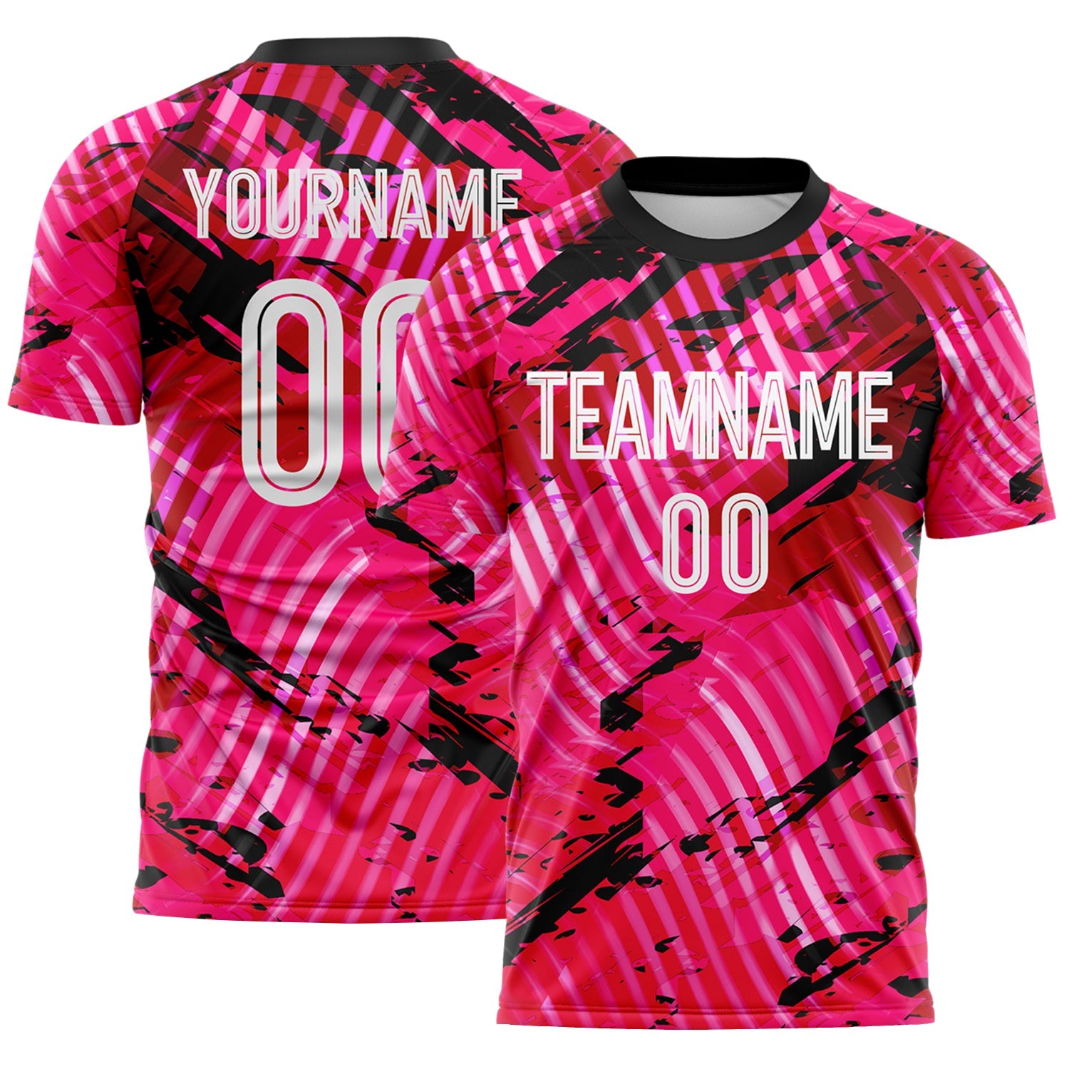 Custom Pink White-Black Abstract Swirl Wave Grunge Splatter Sublimation Soccer Uniform Jersey - Main View