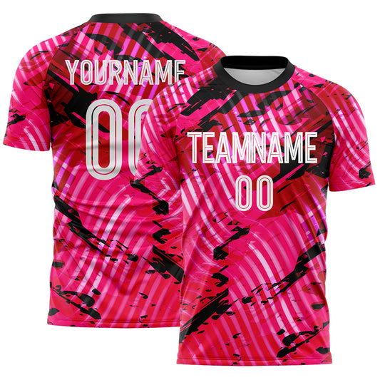Custom Pink White-Black Abstract Swirl Wave Grunge Splatter Sublimation Soccer Uniform Jersey - Main View