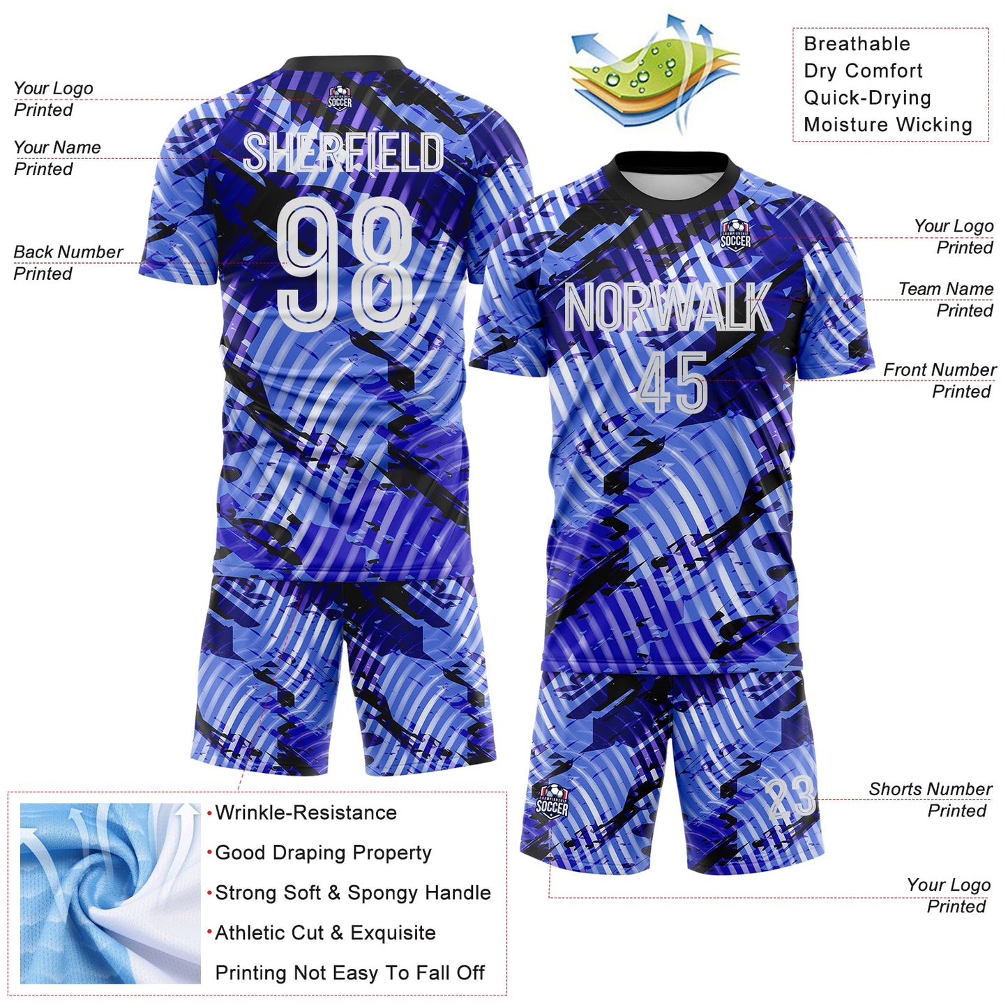 Custom Blue White-Black Abstract Swirl Wave Grunge Splatter Sublimation Soccer Uniform Jersey view 4