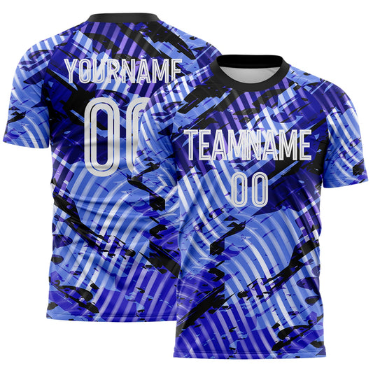 Custom Blue White-Black Abstract Swirl Wave Grunge Splatter Sublimation Soccer Uniform Jersey - Main View