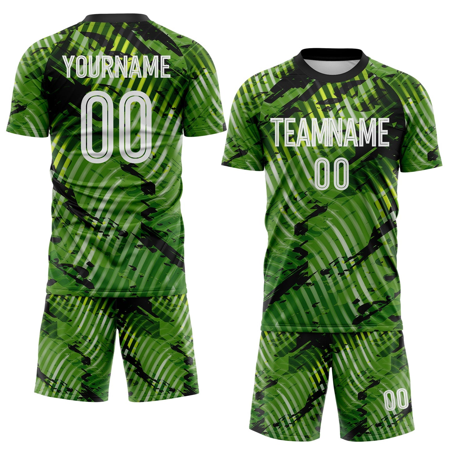 Custom Green White-Black Abstract Swirl Wave Grunge Splatter Sublimation Soccer Uniform Jersey view 2