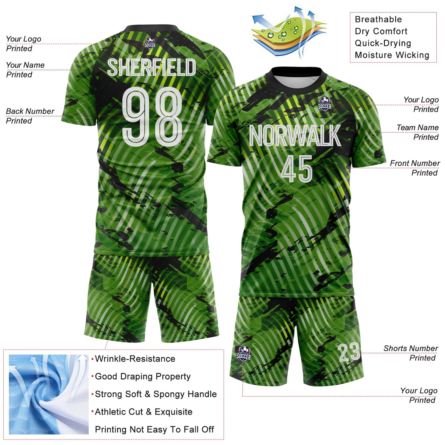 Custom Green White-Black Abstract Swirl Wave Grunge Splatter Sublimation Soccer Uniform Jersey view 4