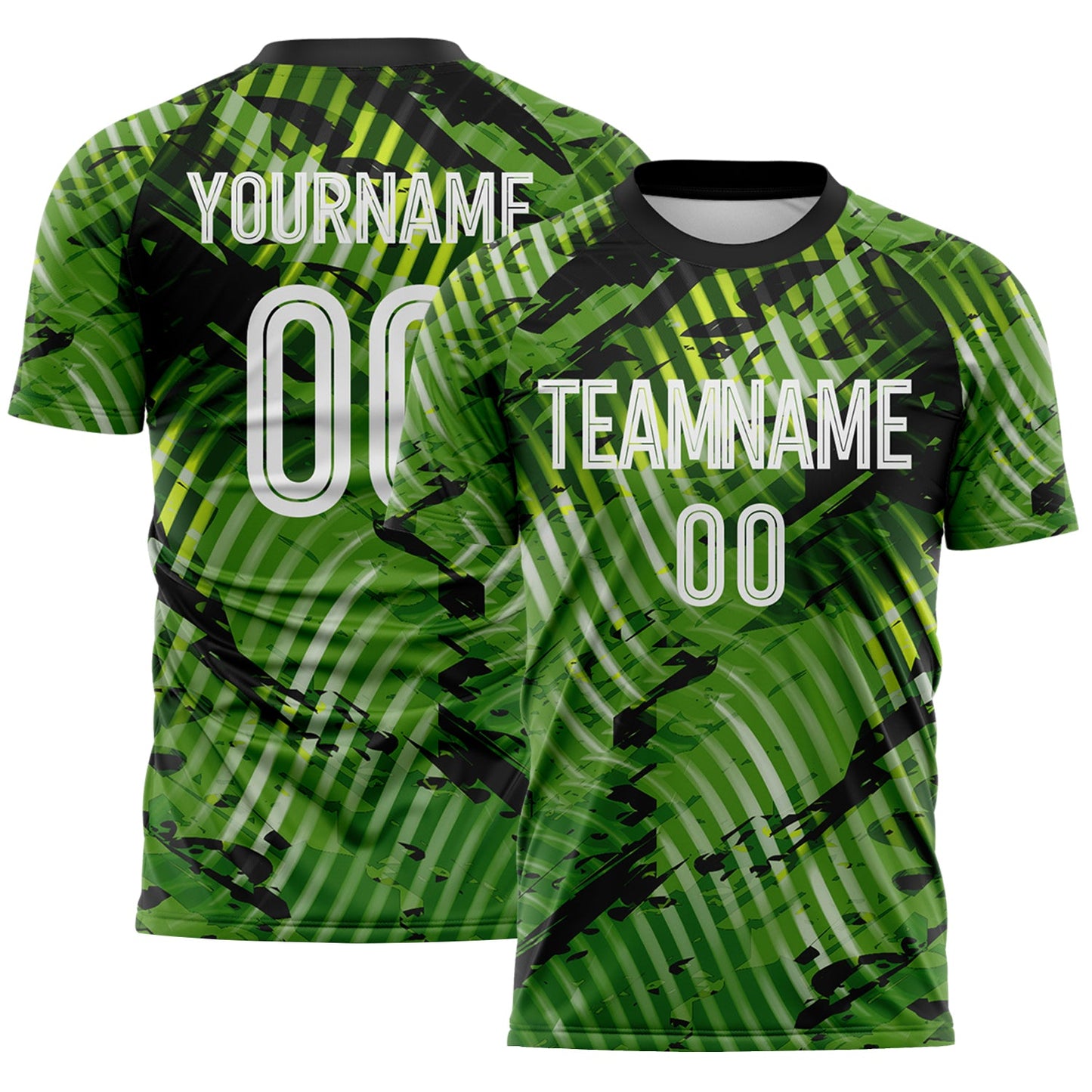 Custom Green White-Black Abstract Swirl Wave Grunge Splatter Sublimation Soccer Uniform Jersey - Main View