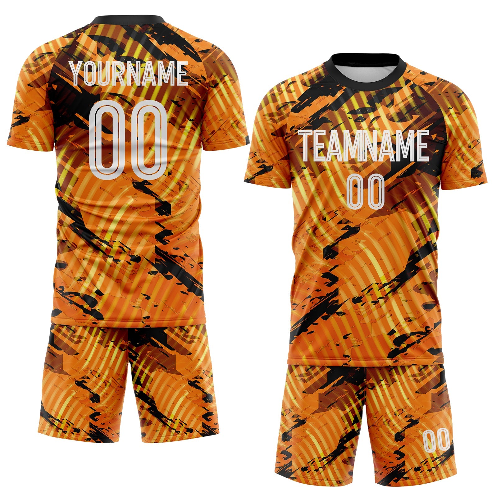 Custom Gold White-Black Abstract Swirl Wave Grunge Splatter Sublimation Soccer Uniform Jersey view 2