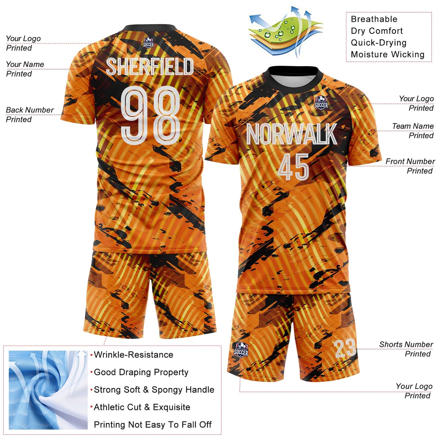 Custom Gold White-Black Abstract Swirl Wave Grunge Splatter Sublimation Soccer Uniform Jersey view 4