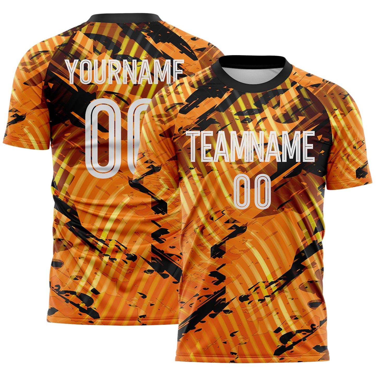 Custom Gold White-Black Abstract Swirl Wave Grunge Splatter Sublimation Soccer Uniform Jersey - Main View