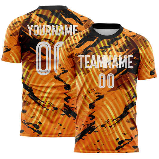 Custom Gold White-Black Abstract Swirl Wave Grunge Splatter Sublimation Soccer Uniform Jersey - Main View