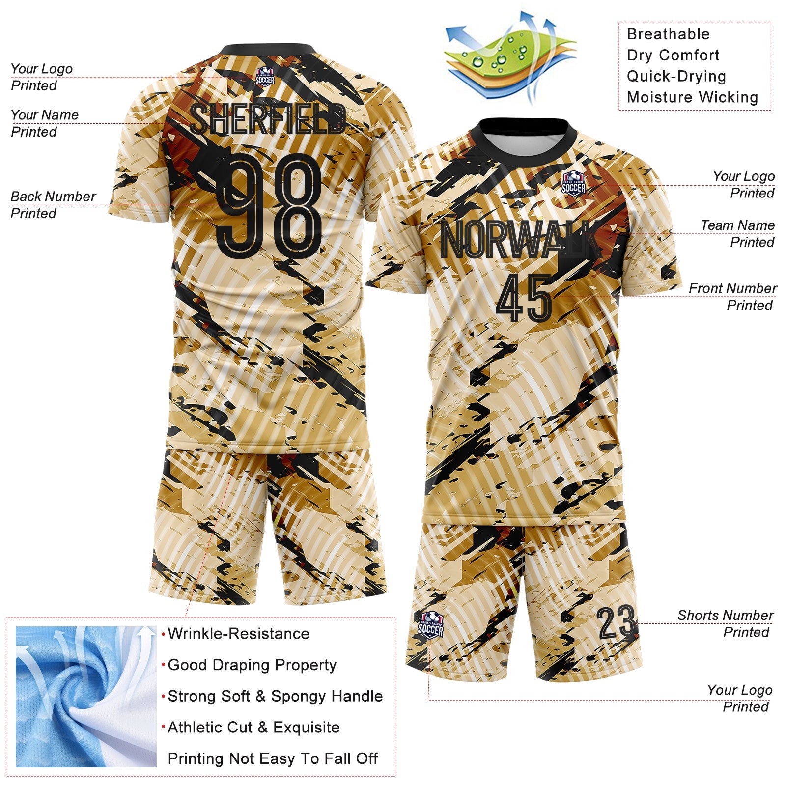 Custom Cream-Black Abstract Swirl Wave Grunge Splatter Sublimation Soccer Uniform Jersey view 4
