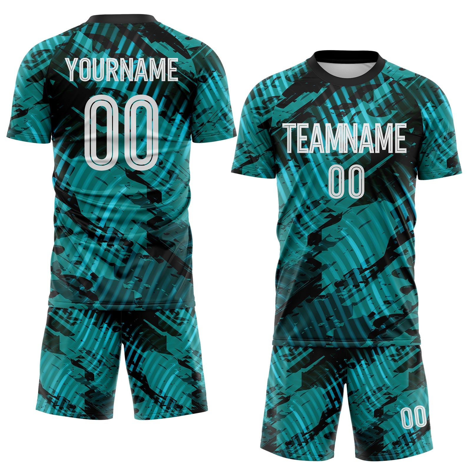 Custom Aqua White-Black Abstract Swirl Wave Grunge Splatter Sublimation Soccer Uniform Jersey view 2