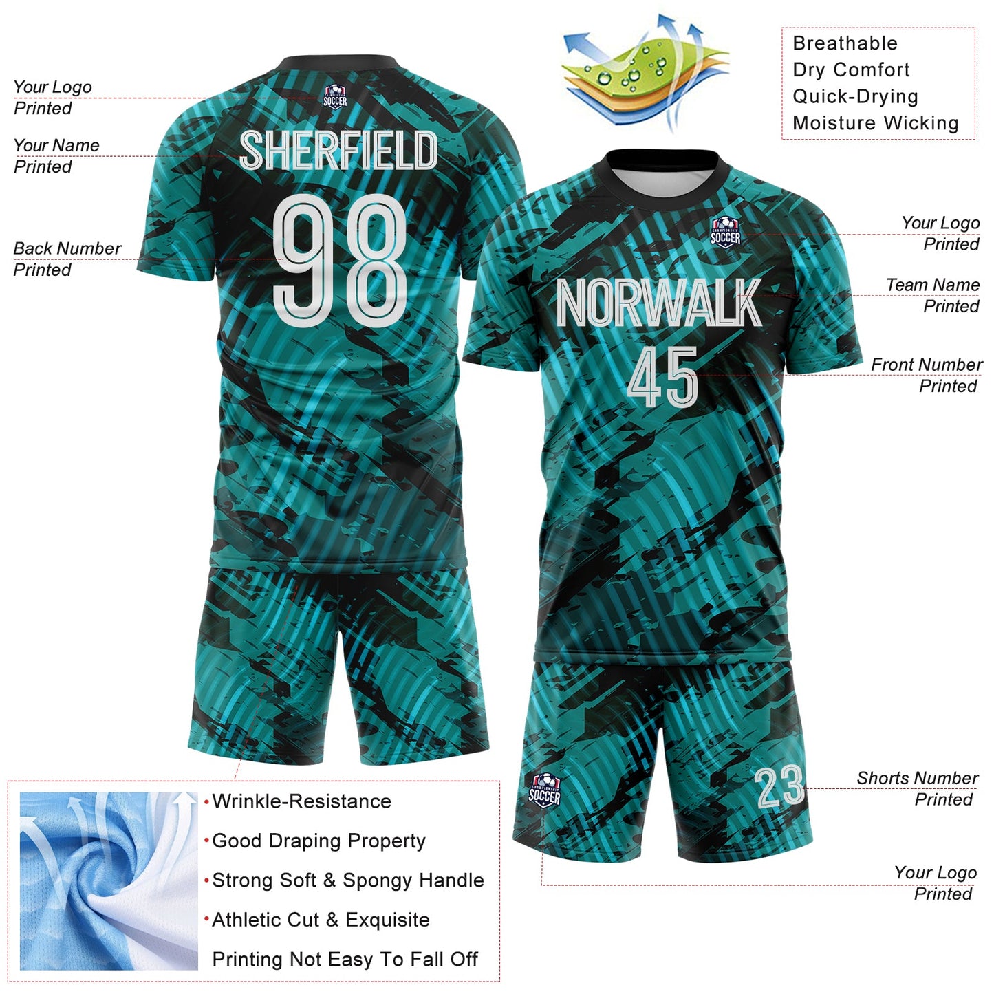 Custom Aqua White-Black Abstract Swirl Wave Grunge Splatter Sublimation Soccer Uniform Jersey view 4