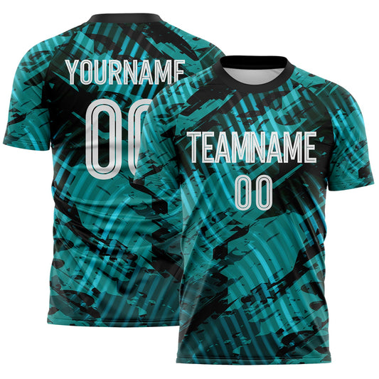 Custom Aqua White-Black Abstract Swirl Wave Grunge Splatter Sublimation Soccer Uniform Jersey - Main View
