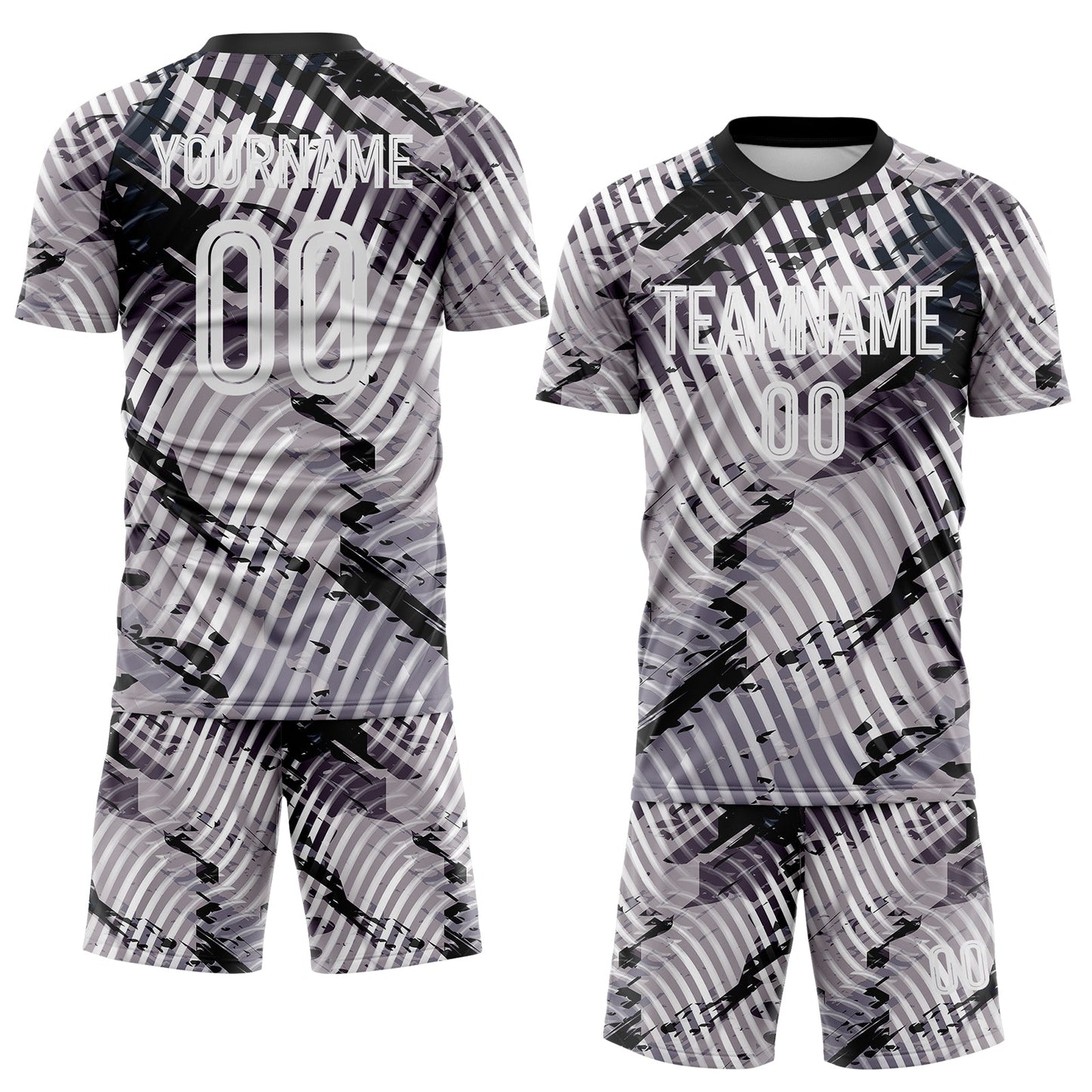 Custom Gray White-Black Abstract Swirl Wave Grunge Splatter Sublimation Soccer Uniform Jersey view 2