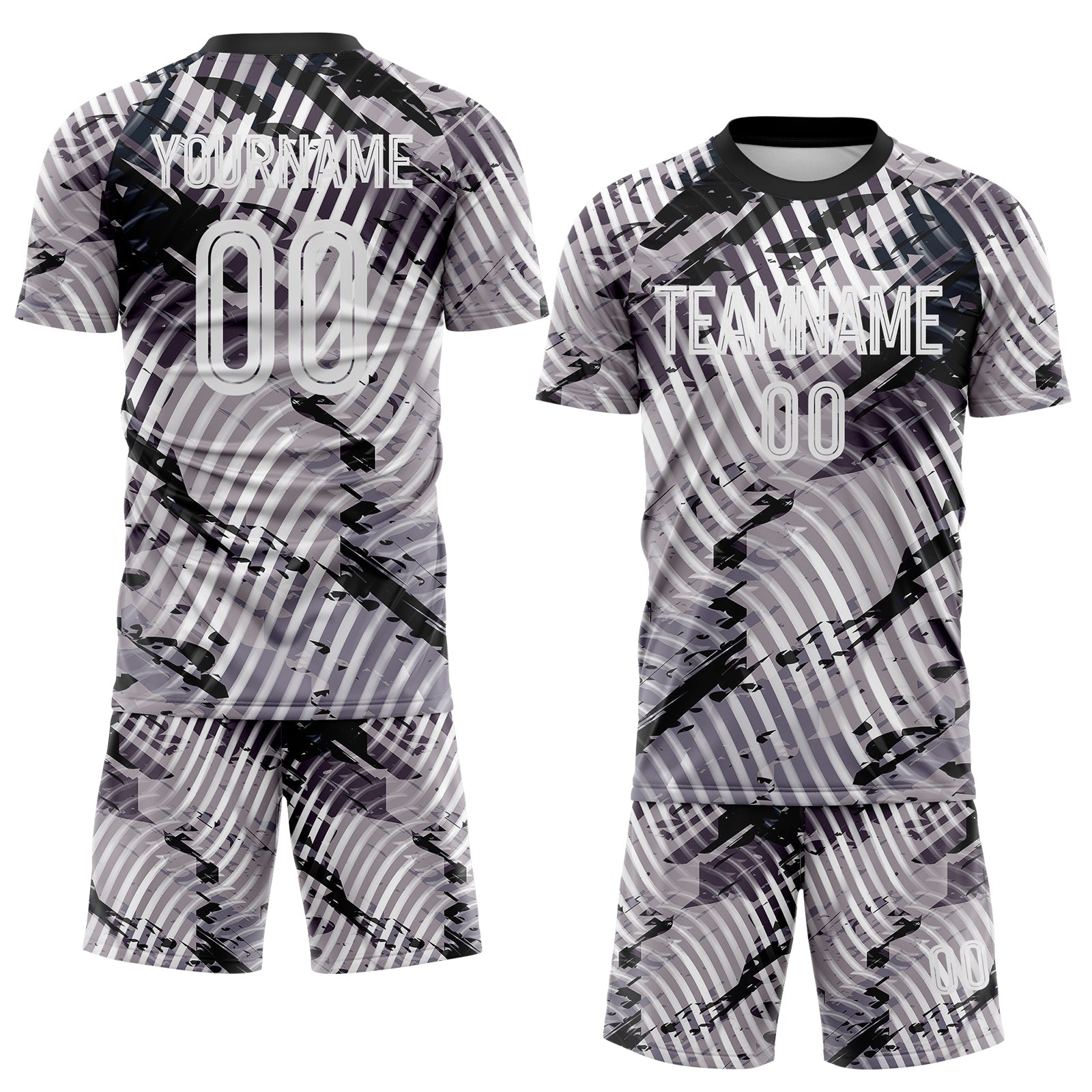 Custom Gray White-Black Abstract Swirl Wave Grunge Splatter Sublimation Soccer Uniform Jersey view 2