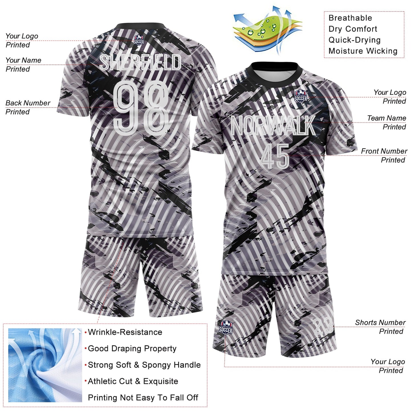 Custom Gray White-Black Abstract Swirl Wave Grunge Splatter Sublimation Soccer Uniform Jersey view 4