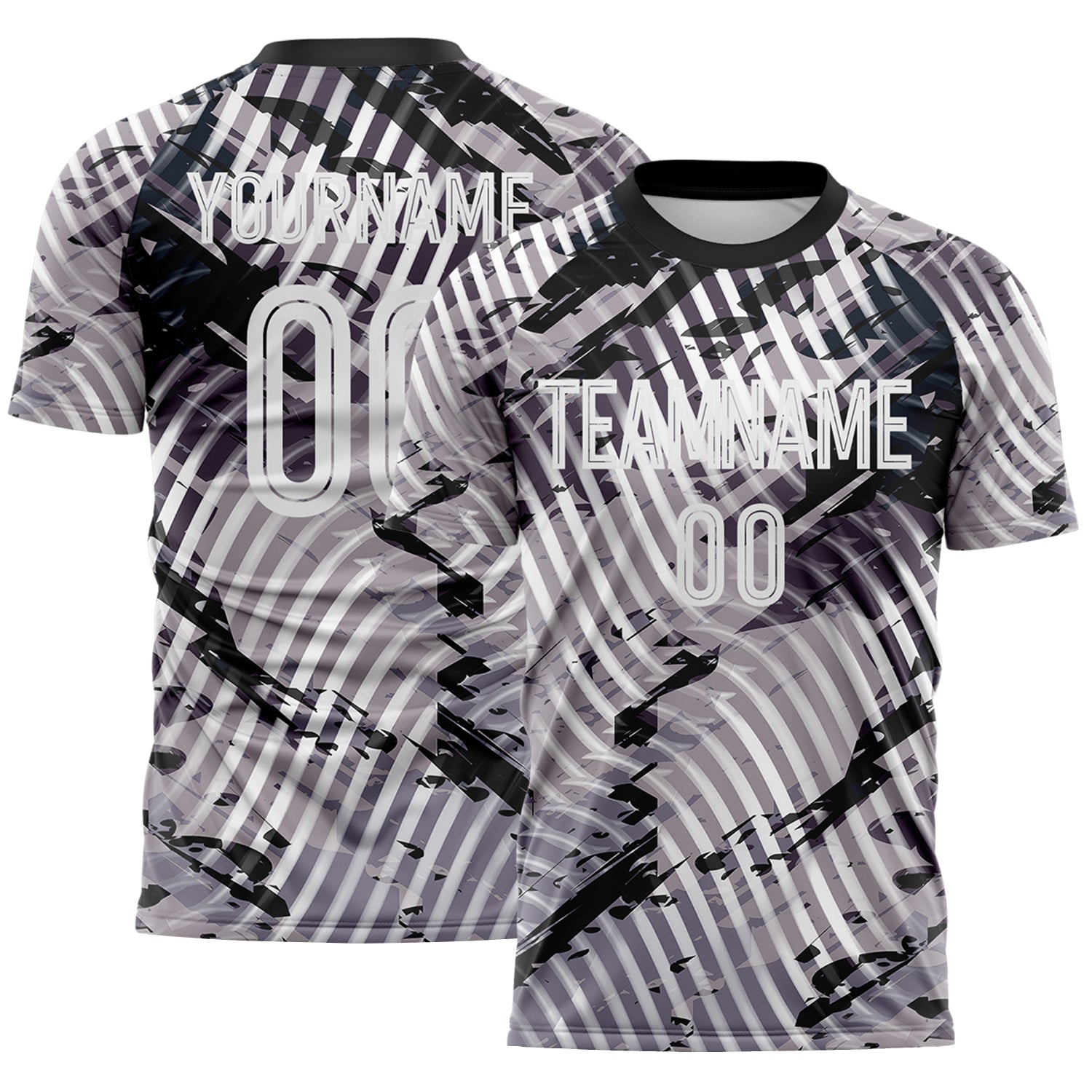 Custom Gray White-Black Abstract Swirl Wave Grunge Splatter Sublimation Soccer Uniform Jersey - Main View