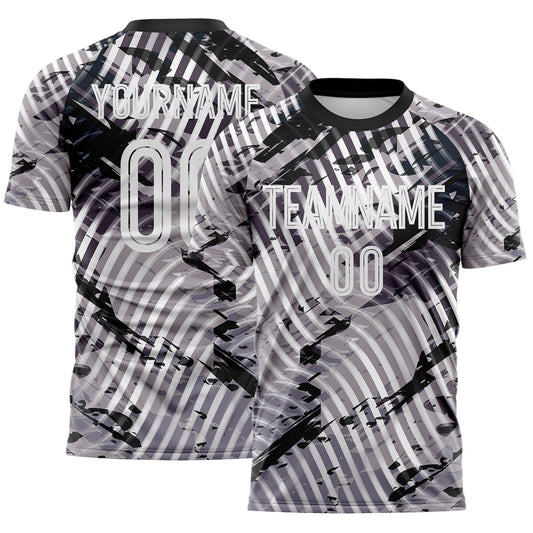 Custom Gray White-Black Abstract Swirl Wave Grunge Splatter Sublimation Soccer Uniform Jersey - Main View