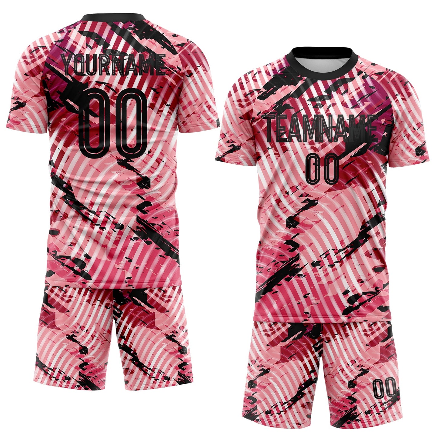 Custom Light Pink-Black Abstract Swirl Wave Grunge Splatter Sublimation Soccer Uniform Jersey view 2