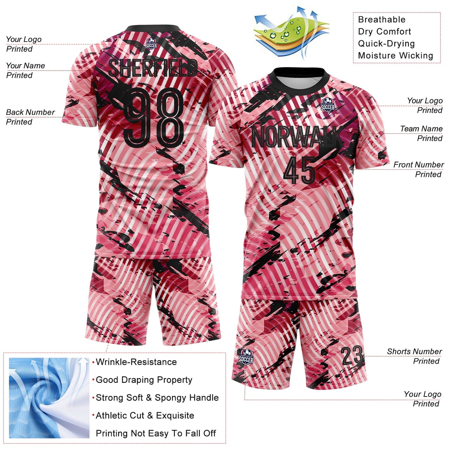Custom Light Pink-Black Abstract Swirl Wave Grunge Splatter Sublimation Soccer Uniform Jersey view 4
