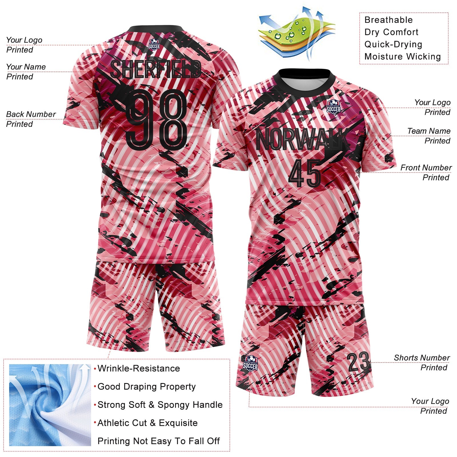 Custom Light Pink-Black Abstract Swirl Wave Grunge Splatter Sublimation Soccer Uniform Jersey view 4