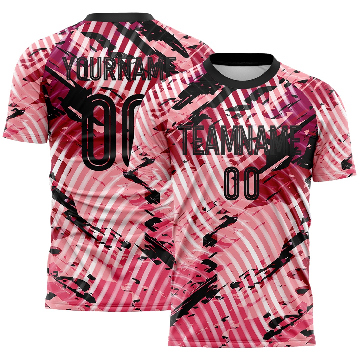 Custom Light Pink-Black Abstract Swirl Wave Grunge Splatter Sublimation Soccer Uniform Jersey - Main View
