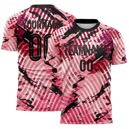 Custom Light Pink-Black Abstract Swirl Wave Grunge Splatter Sublimation Soccer Uniform Jersey - Main View