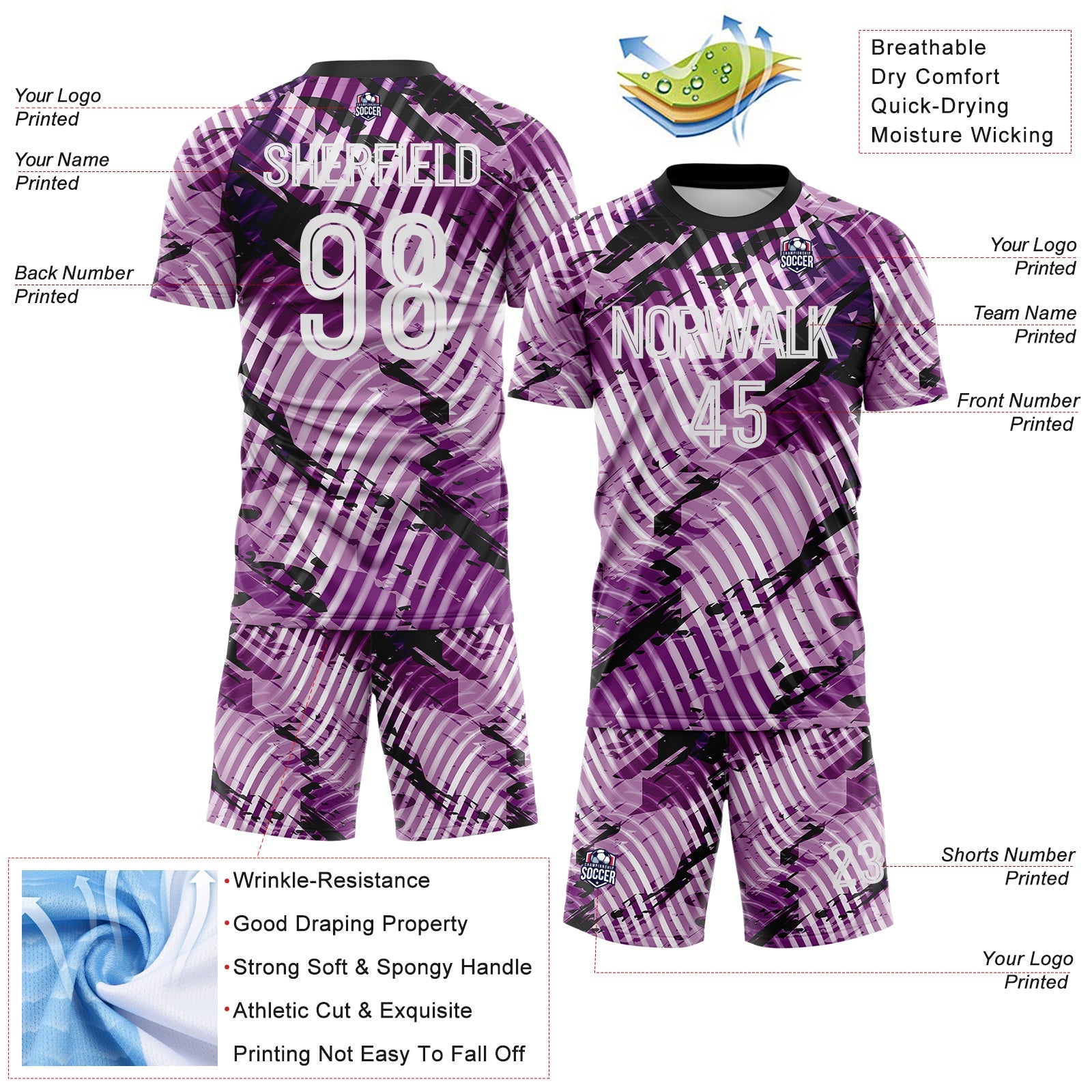 Custom Light Purple White-Black Abstract Swirl Wave Grunge Splatter Sublimation Soccer Uniform Jersey view 4