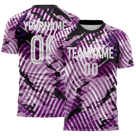 Custom Light Purple White-Black Abstract Swirl Wave Grunge Splatter Sublimation Soccer Uniform Jersey - Main View