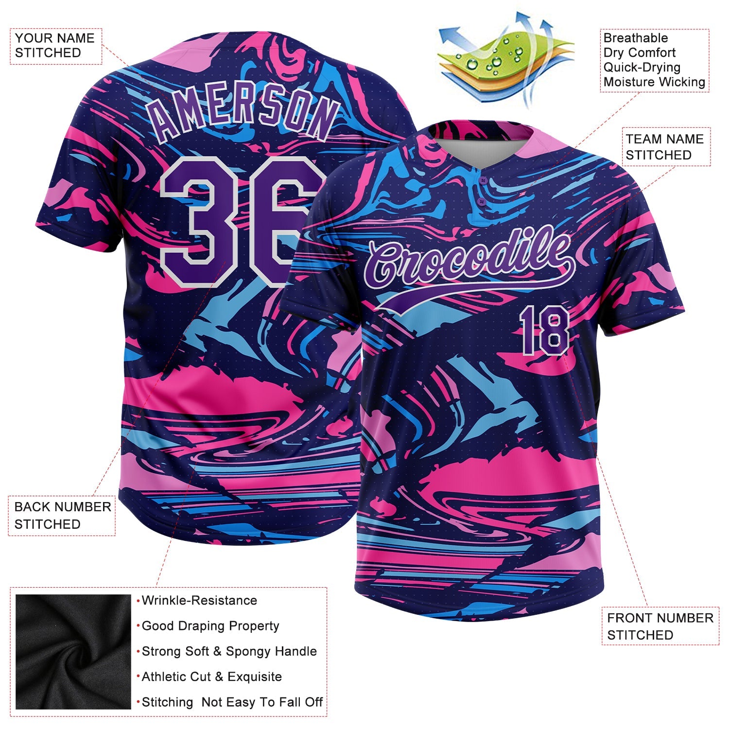Custom Figure Purple Navy-Pink 3D Pattern Two-Button Unisex Softball Jersey view 3