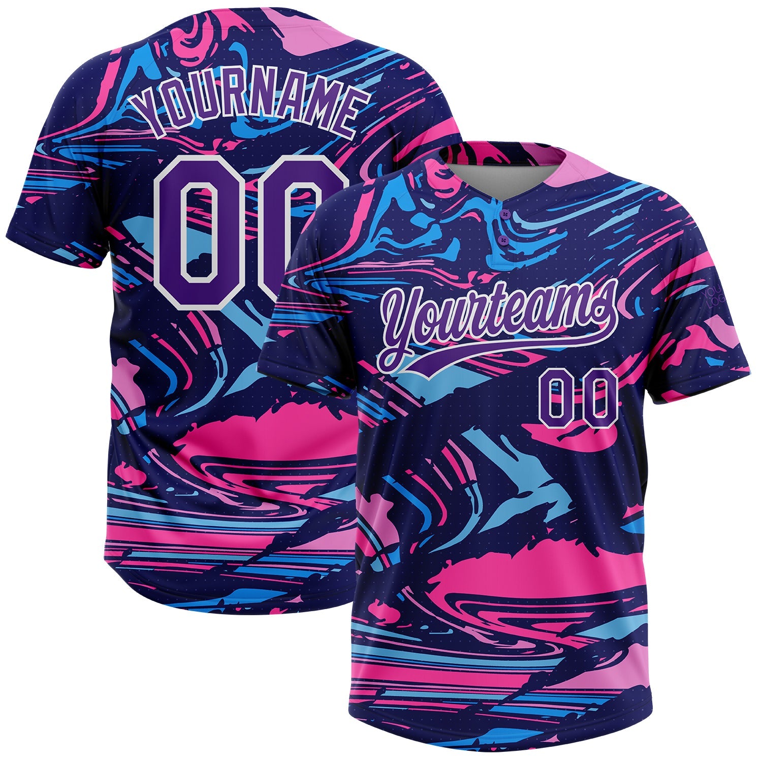Custom Figure Purple Navy-Pink 3D Pattern Two-Button Unisex Softball Jersey - Main View