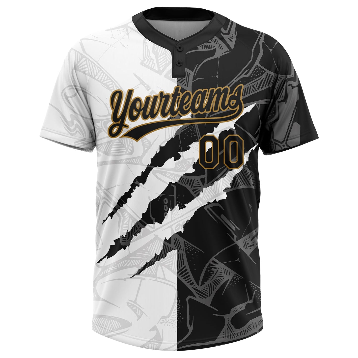 Custom Graffiti Pattern Black-Old Gold 3D Two-Button Unisex Softball Jersey view 3
