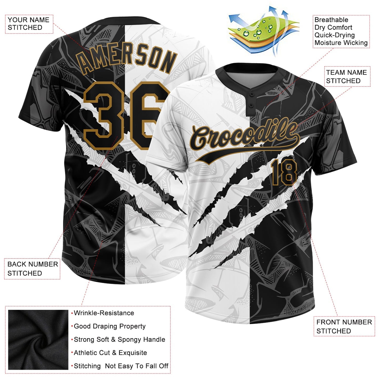 Custom Graffiti Pattern Black-Old Gold 3D Two-Button Unisex Softball Jersey view 4