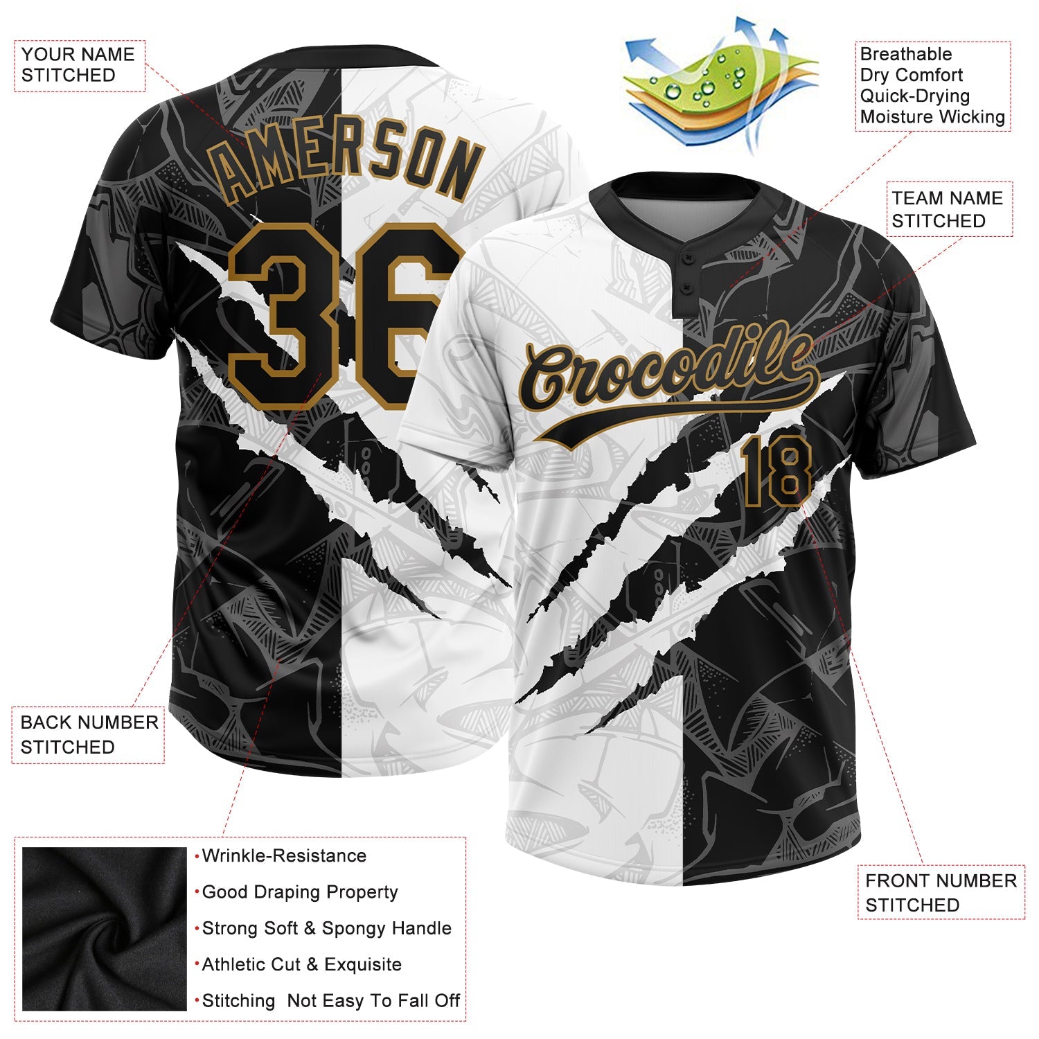 Custom Graffiti Pattern Black-Old Gold 3D Two-Button Unisex Softball Jersey view 4