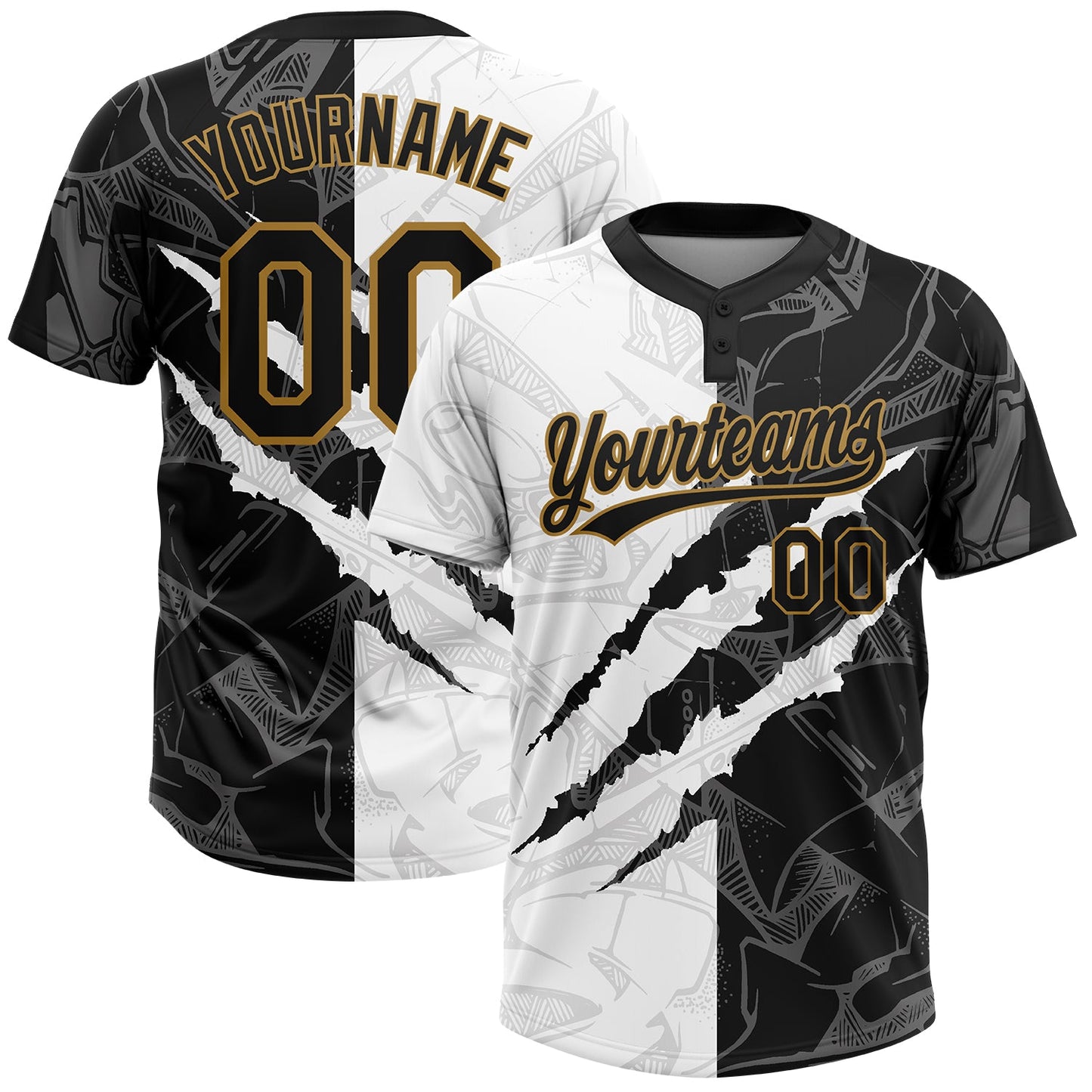 Custom Graffiti Pattern Black-Old Gold 3D Two-Button Unisex Softball Jersey - Main View